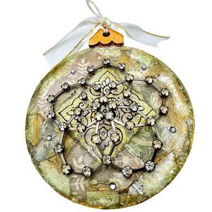 Handcrafted Ornament OOAK Collage Clear Crystal Gold Green Accents 3" Ribbon